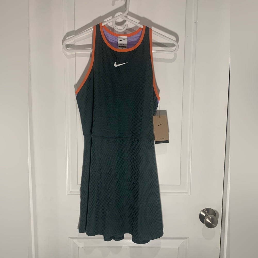 Nike Dark Green Tennis Dress with Purple mesh back and Orange Trim